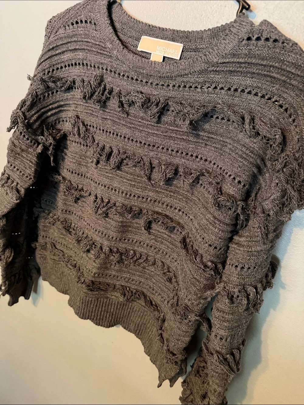 Michael Kors Charcoal Fringe-Accent Crewneck Sweater